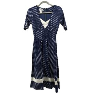 Unique Vintage Polka Dot Midi Dress Women Size S/4 Navy Blue Fit and Flare Retro